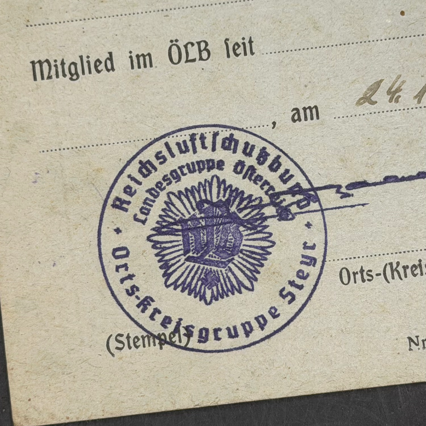 WW2 original artifact – Reichsluftschutzbund (RLB) Membership Book – Ortsgruppe Steyr-Kirchdorf (38–41) – interior page
