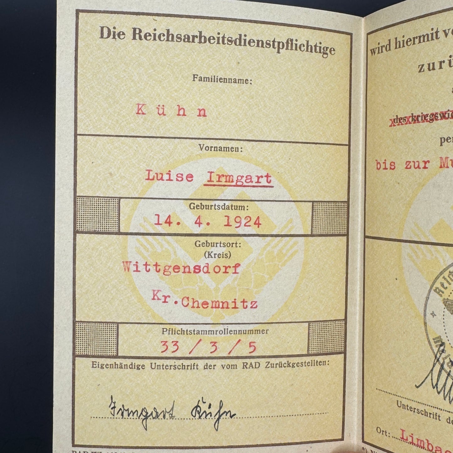 WW2 original artifact – Zurückstellungsschein RAD Weibliche Jugend – interior title page
