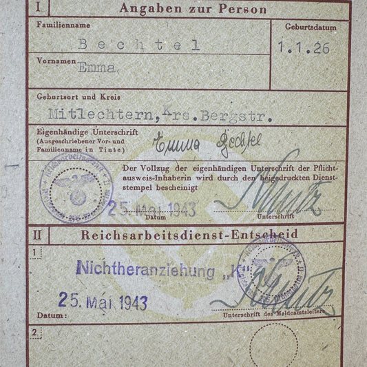 WW2 original artifact – Reichsarbeitsdienst (RAD) Pflichtausweis – interior detail