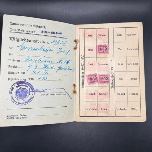 WW2 original artifact – Reichsluftschutzbund (RLB) Membership Book – Ortsgruppe Steyr-Kirchdorf (38–41) – interior detail