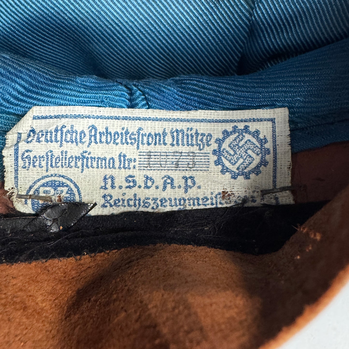 WW2 original artifact – DAF Visor Cap – interior page