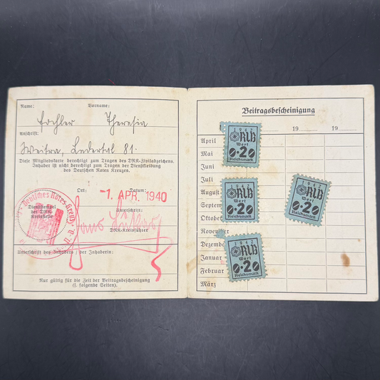 WW2 original artifact – DRK Mitgliedskarte (Membership Card), Kreisgemeinschaft Gmünd – 1 April 1940 – interior detail