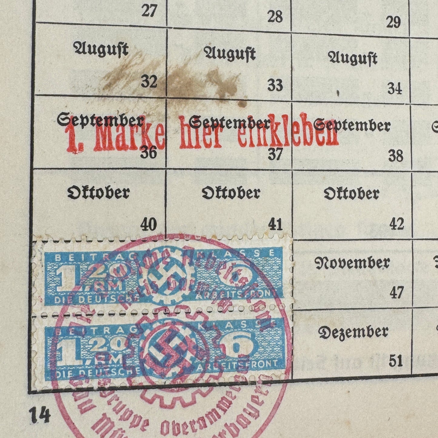 WW2 original artifact – Duetsche Arbeitsfront Mitgliedbuch Walli Pfänder – interior page