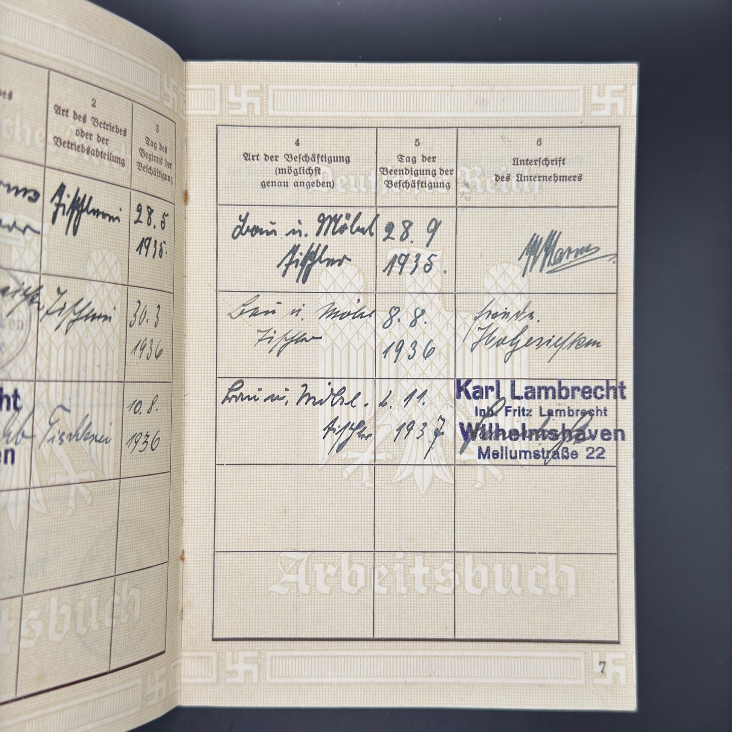 WW2 original artifact – Arbeitsbuch aus Emden – interior page