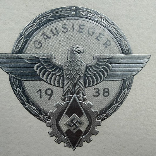 Close-up of German Gausieger award device dated 1938 with eagle and wreath design