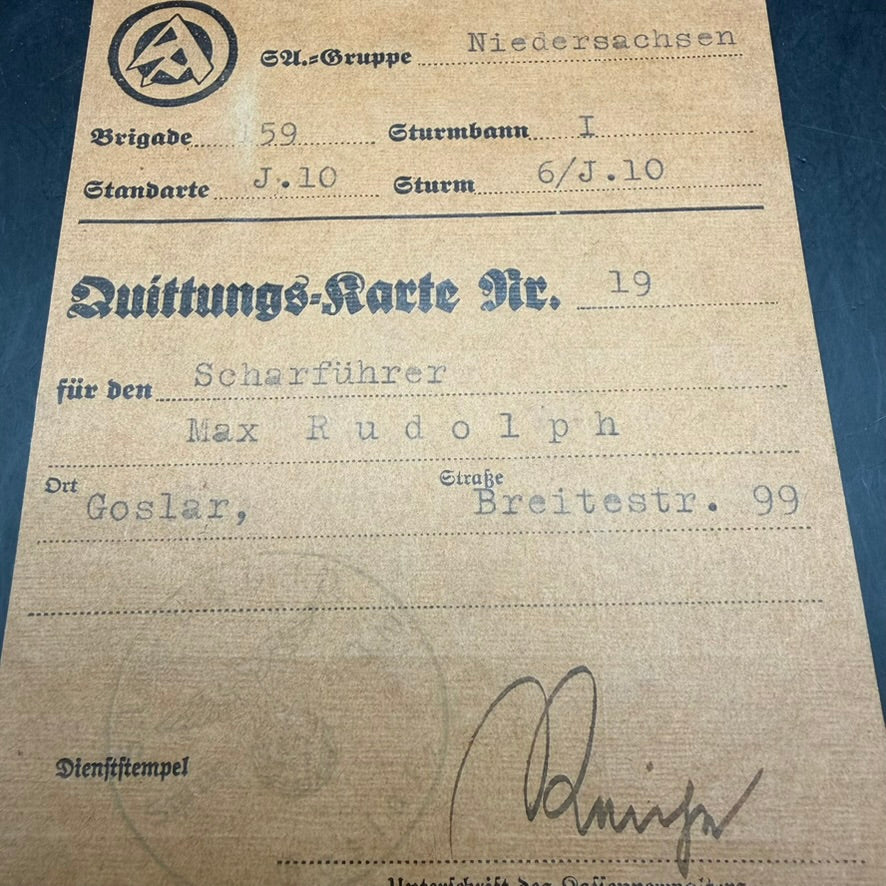 Original signature and official markings on WWII German SA Quittungs-Karte