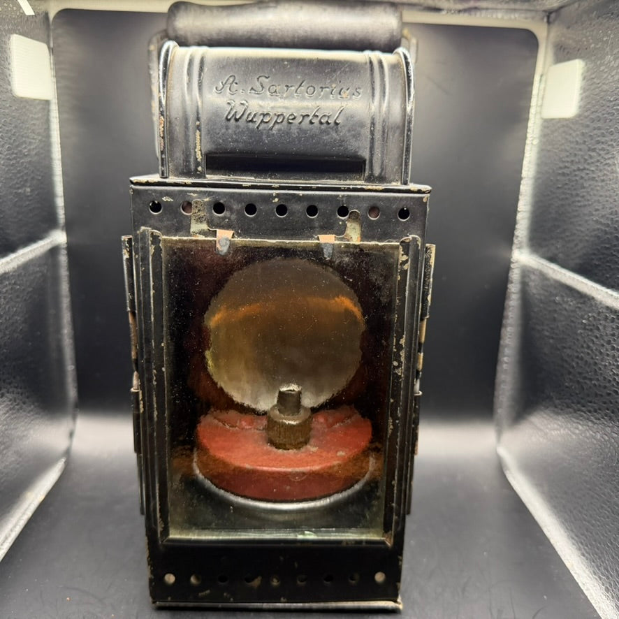 Front view of WWII German Reichsbahn Einheitslaterne with burner assembly visible