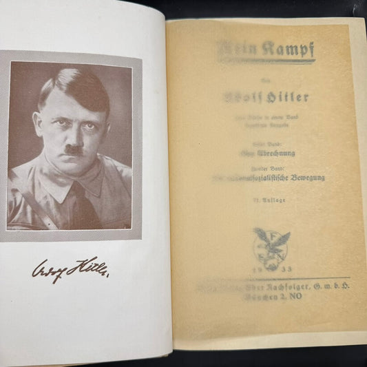 Portrait of Adolf Hitler with facsimile signature in Mein Kampf 1933