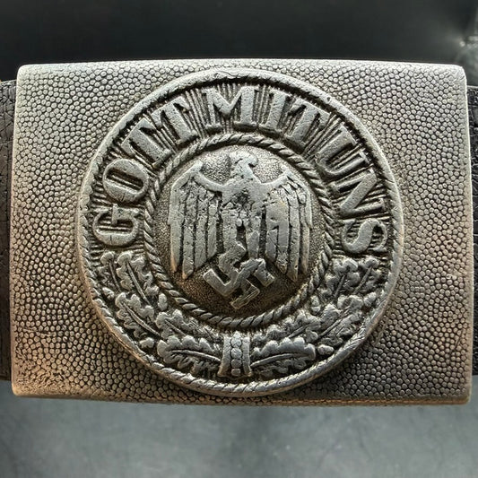 Close-up of WWII German Gott mit uns belt buckle with eagle