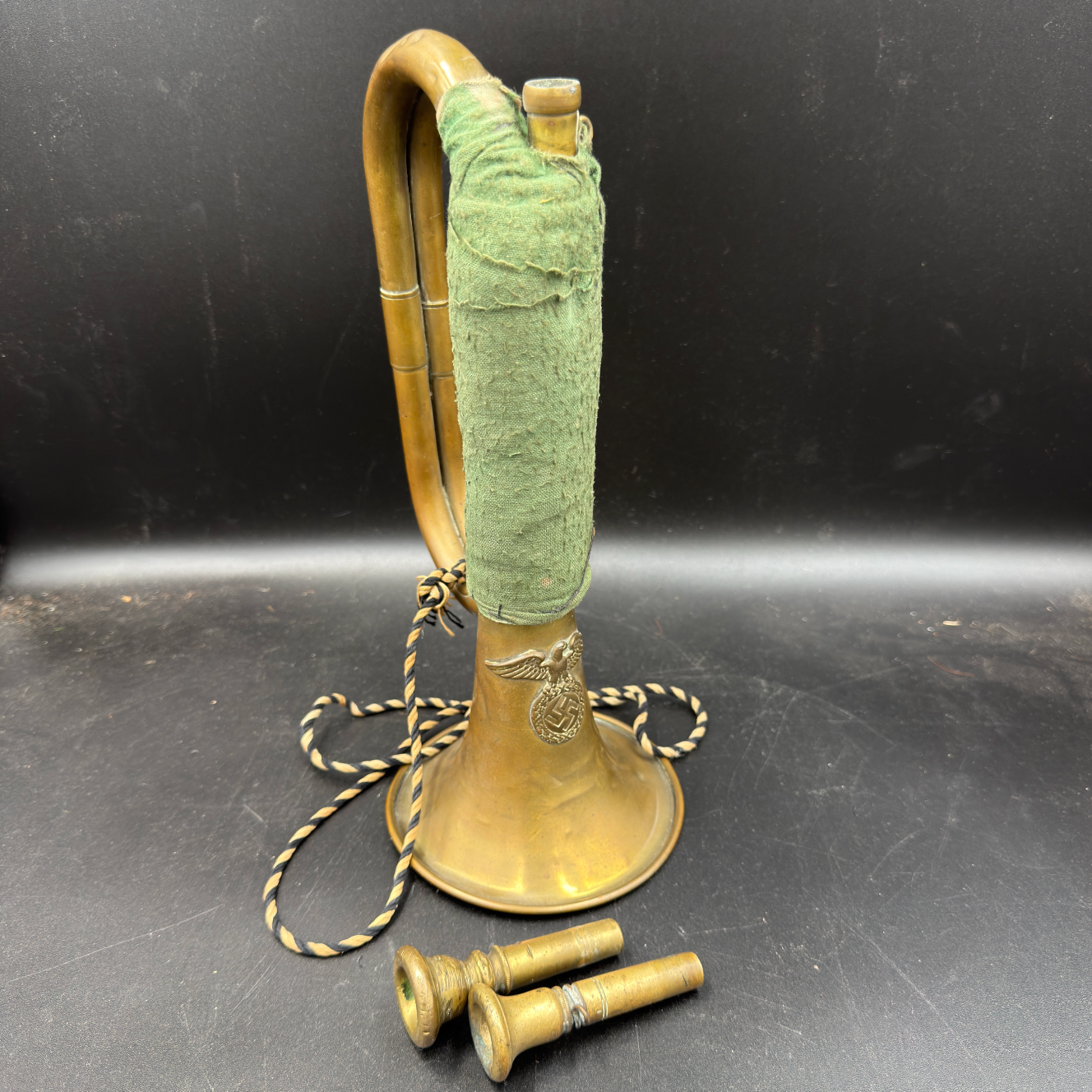 Complete early German SA bugle with fabric wrap, cord and mouthpieces