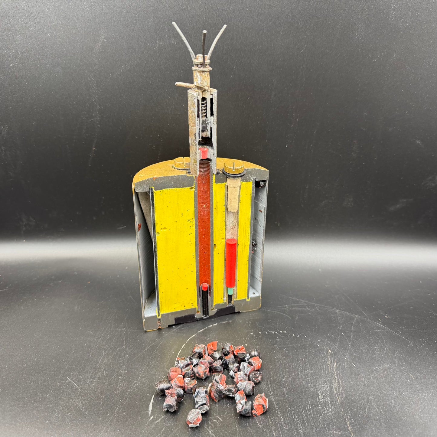 WWII German S-mine cutaway showing internal construction, fully deactivated and inert