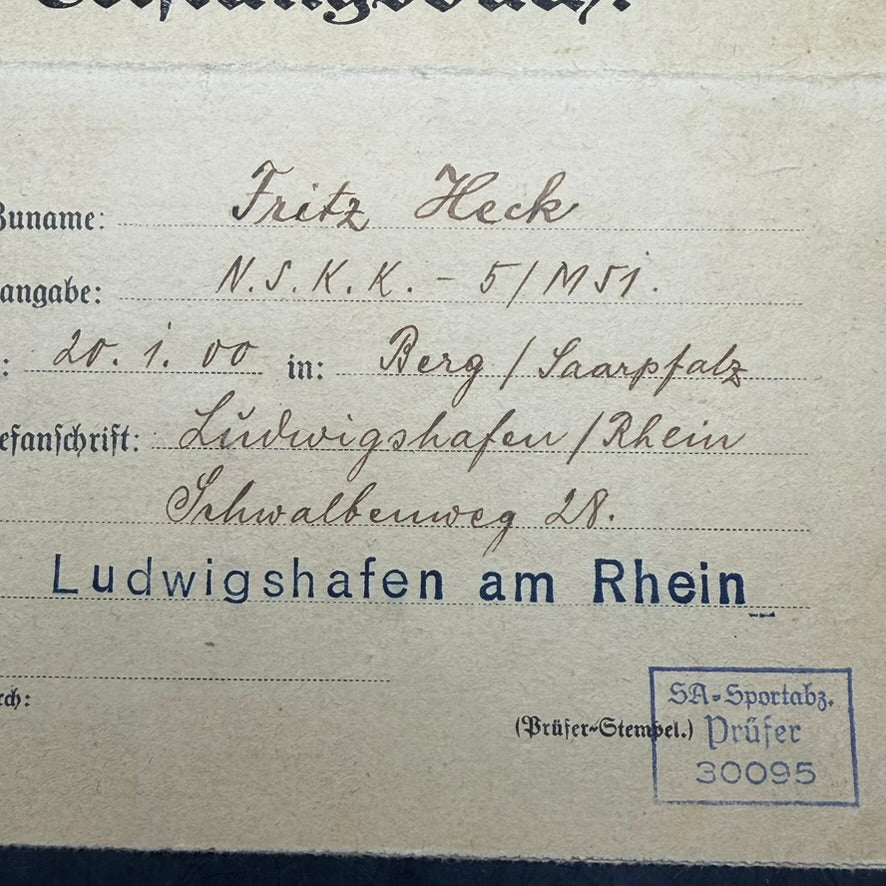 Reverse of NSDAP SA Leistungsbuch issued October 1936 to Friedrich Heck Ludwigshafen