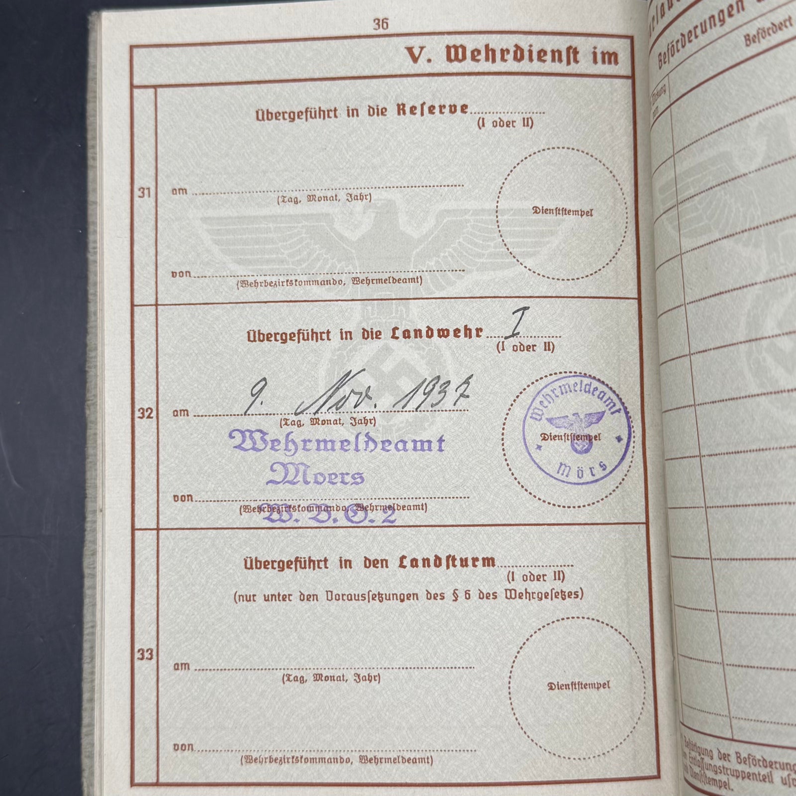 Landwehr I transfer entry dated 9 November 1937