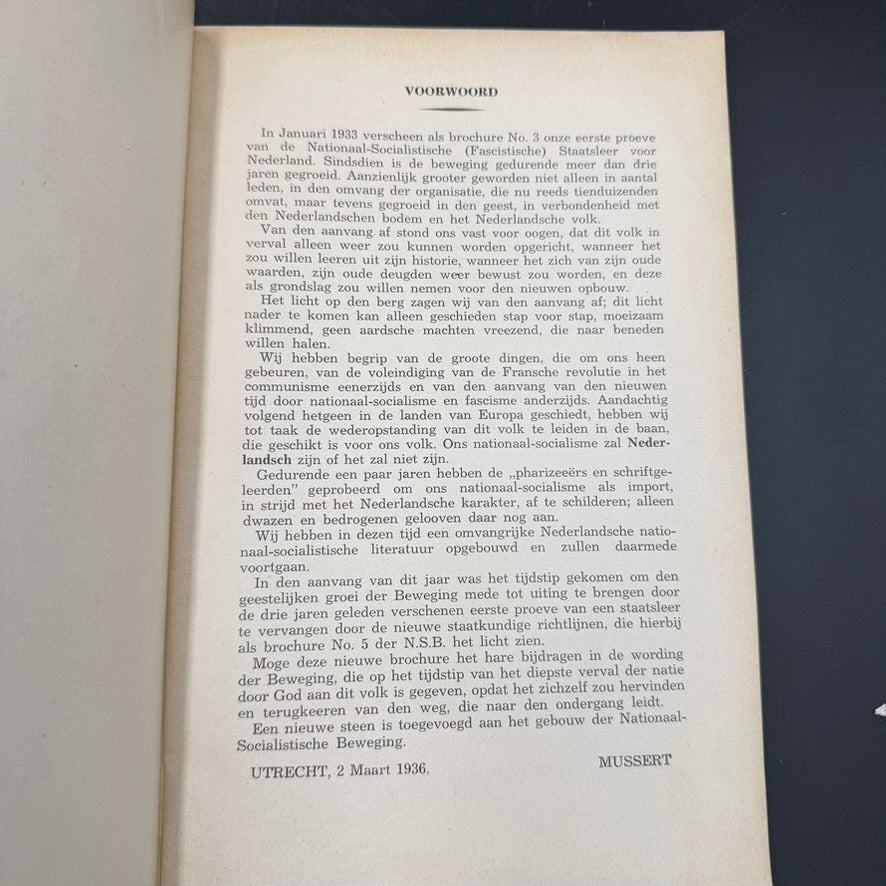 WW2 original artifact – Original NSB Booklet – “Staatkundige Richtlijnen” (Brochure V) – Utrecht Headquarters – Rare Dutch WWII Publication – interior page