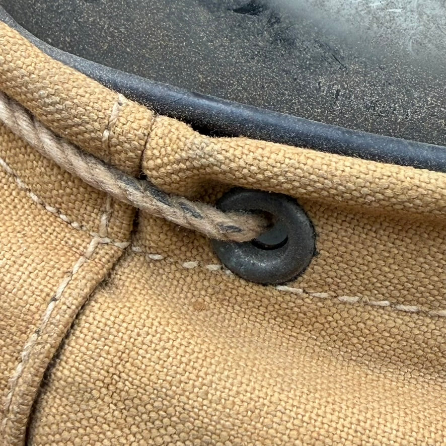 Close-up of original stitching and fastening eyelets on British WWII Hospital Respirator hood