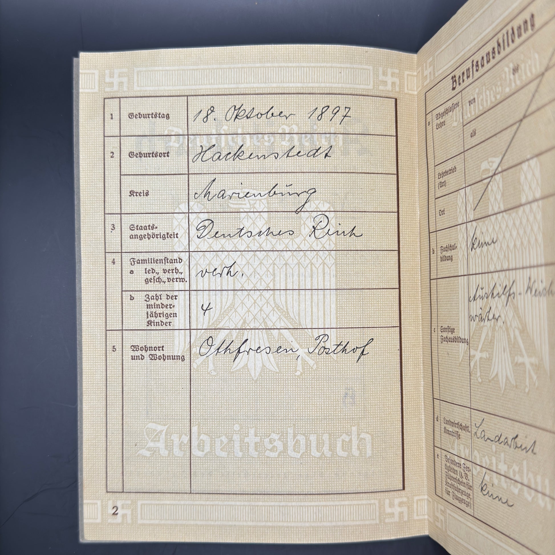 WW2 original artifact – Arbeitsbuch Waiter from Goslar – interior title page