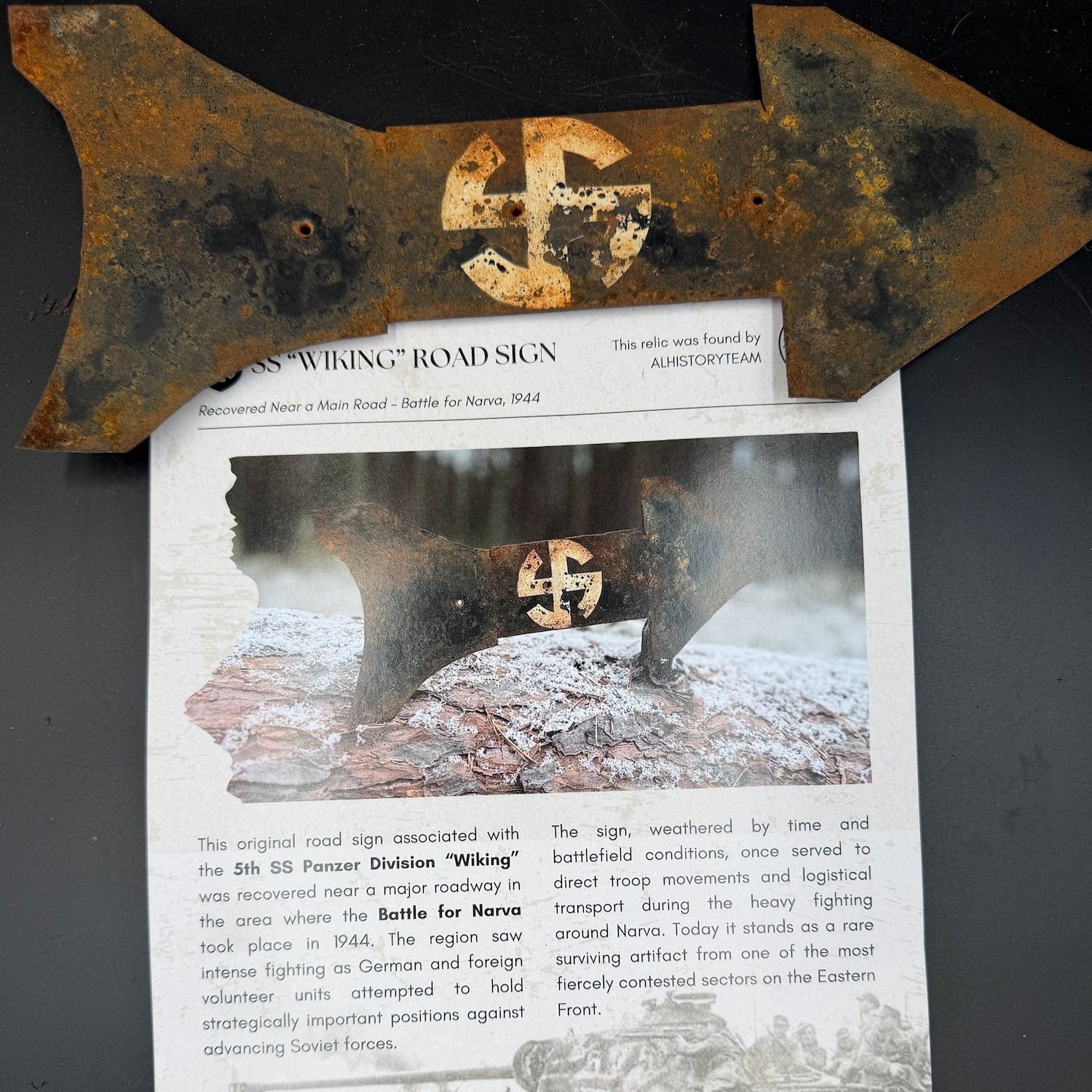 SS Wiking direction sign displayed with historical reference document for WW2 German military signage