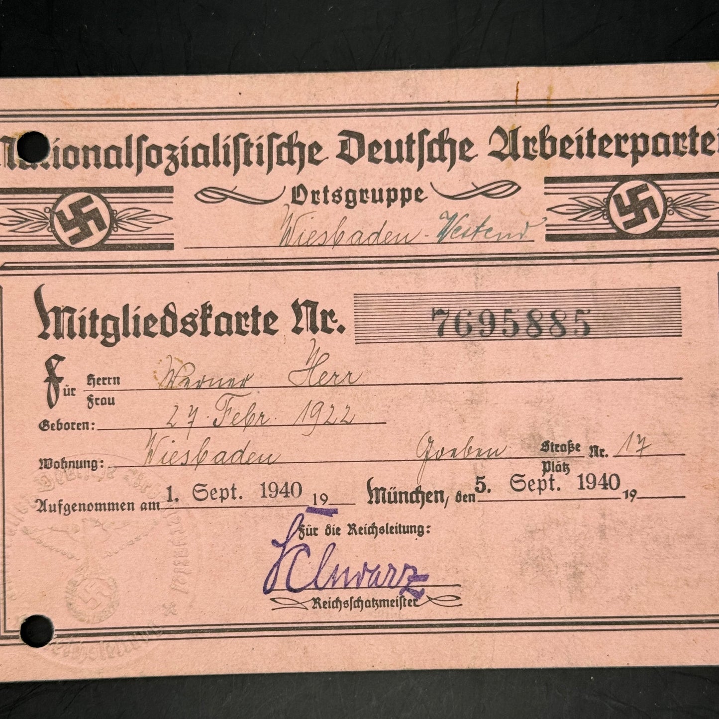 WW2 original artifact – NSDAP membership card + passport same person – interior detail