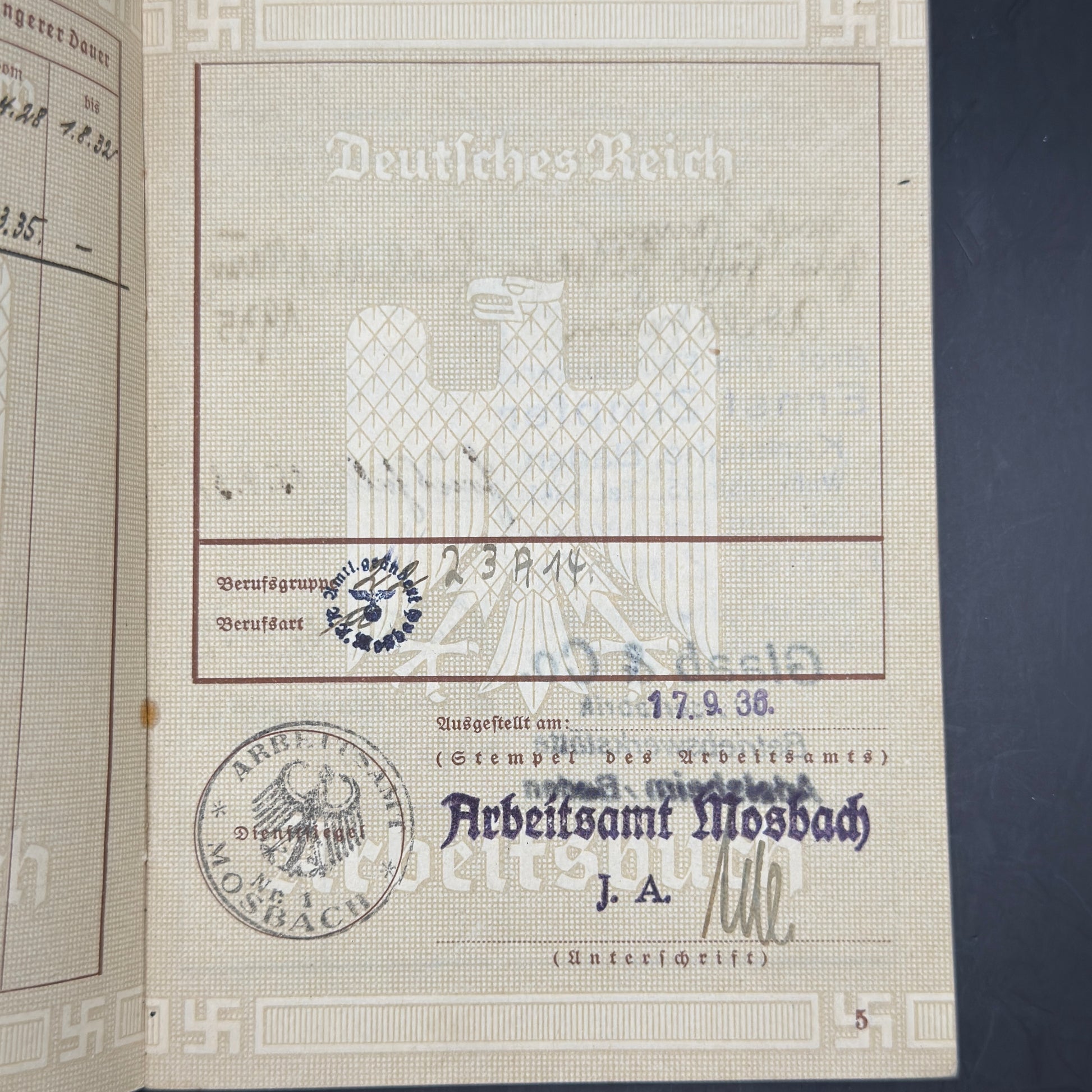 WW2 original artifact – Arbeitsbuch 1936 – interior page