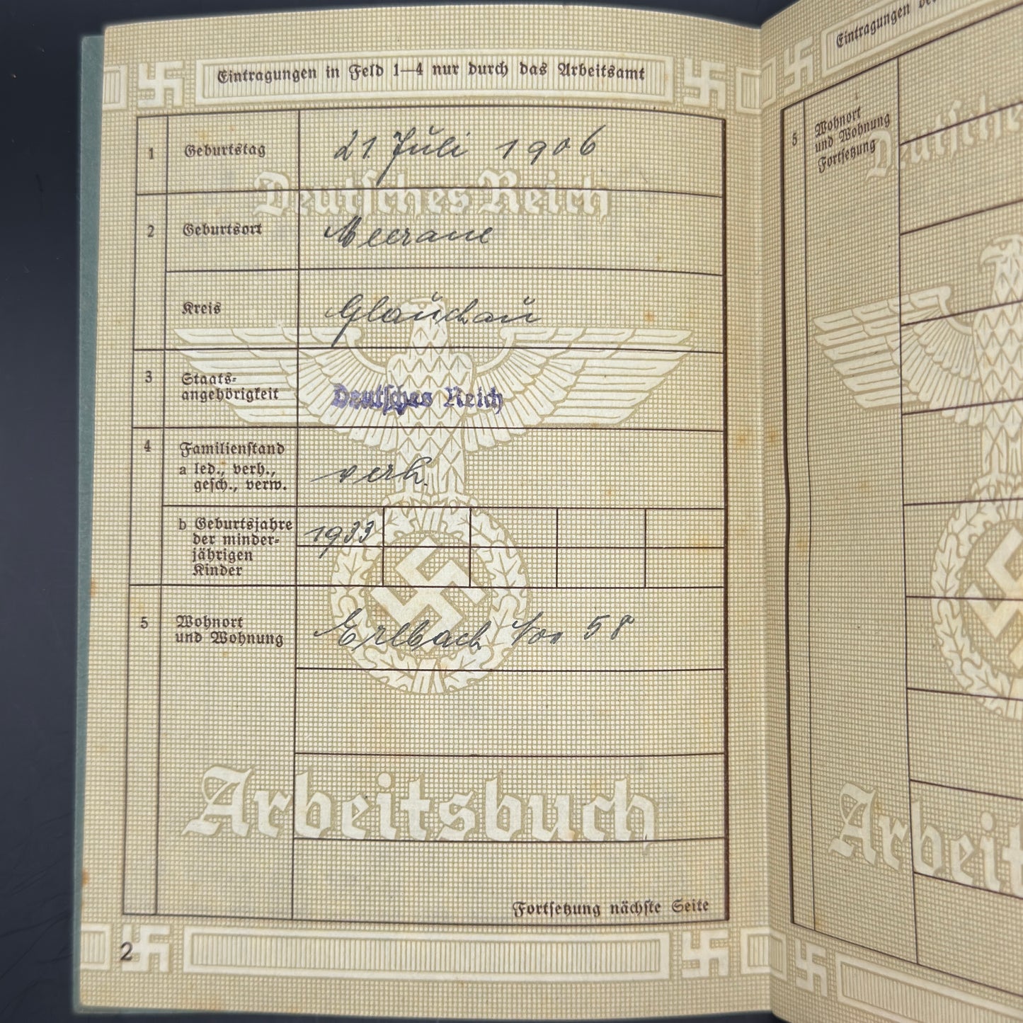 WW2 original artifact – Two times Arbeitsbuch from married couple – interior page