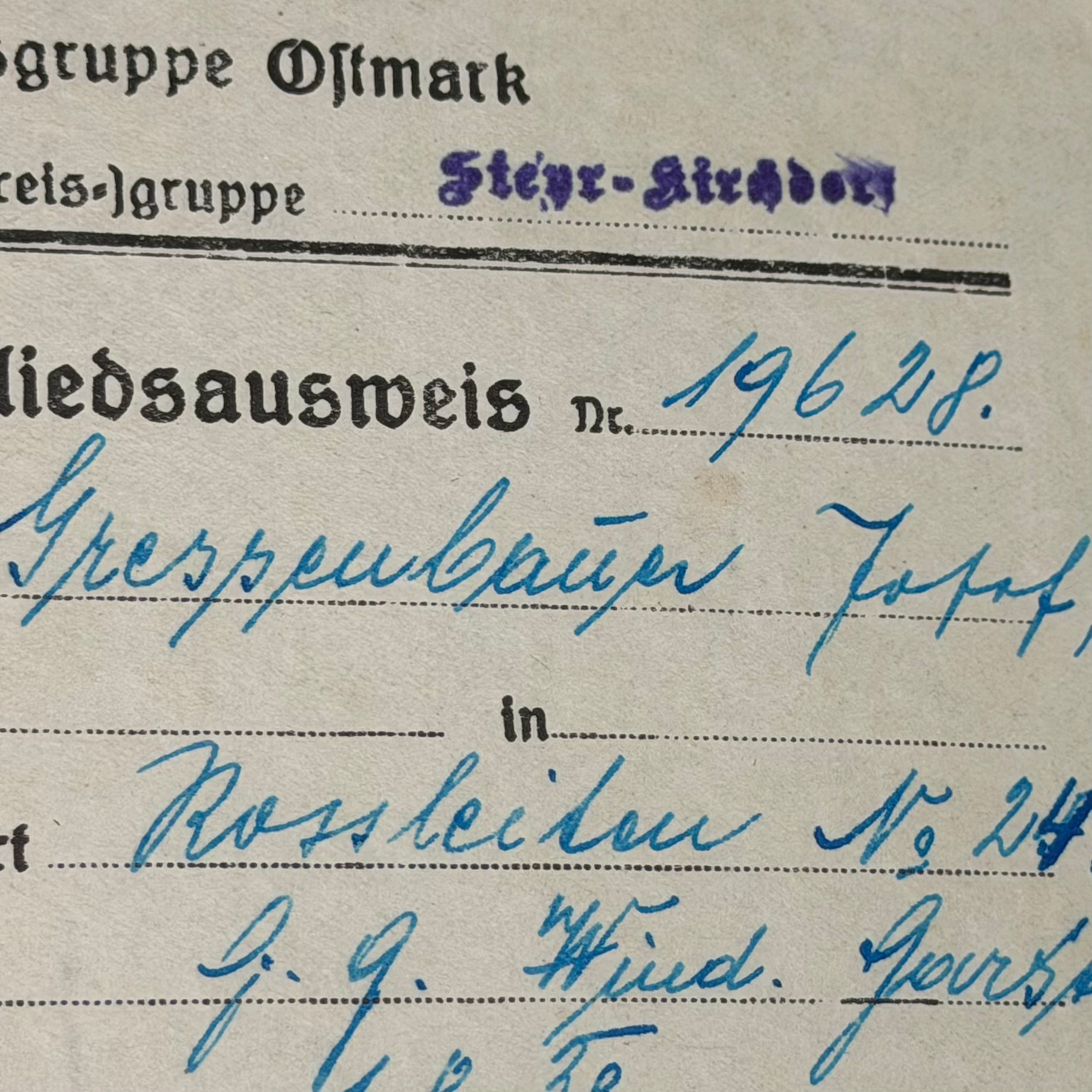 WW2 original artifact – Reichsluftschutzbund (RLB) Membership Book – Ortsgruppe Steyr-Kirchdorf (38–41) – interior page