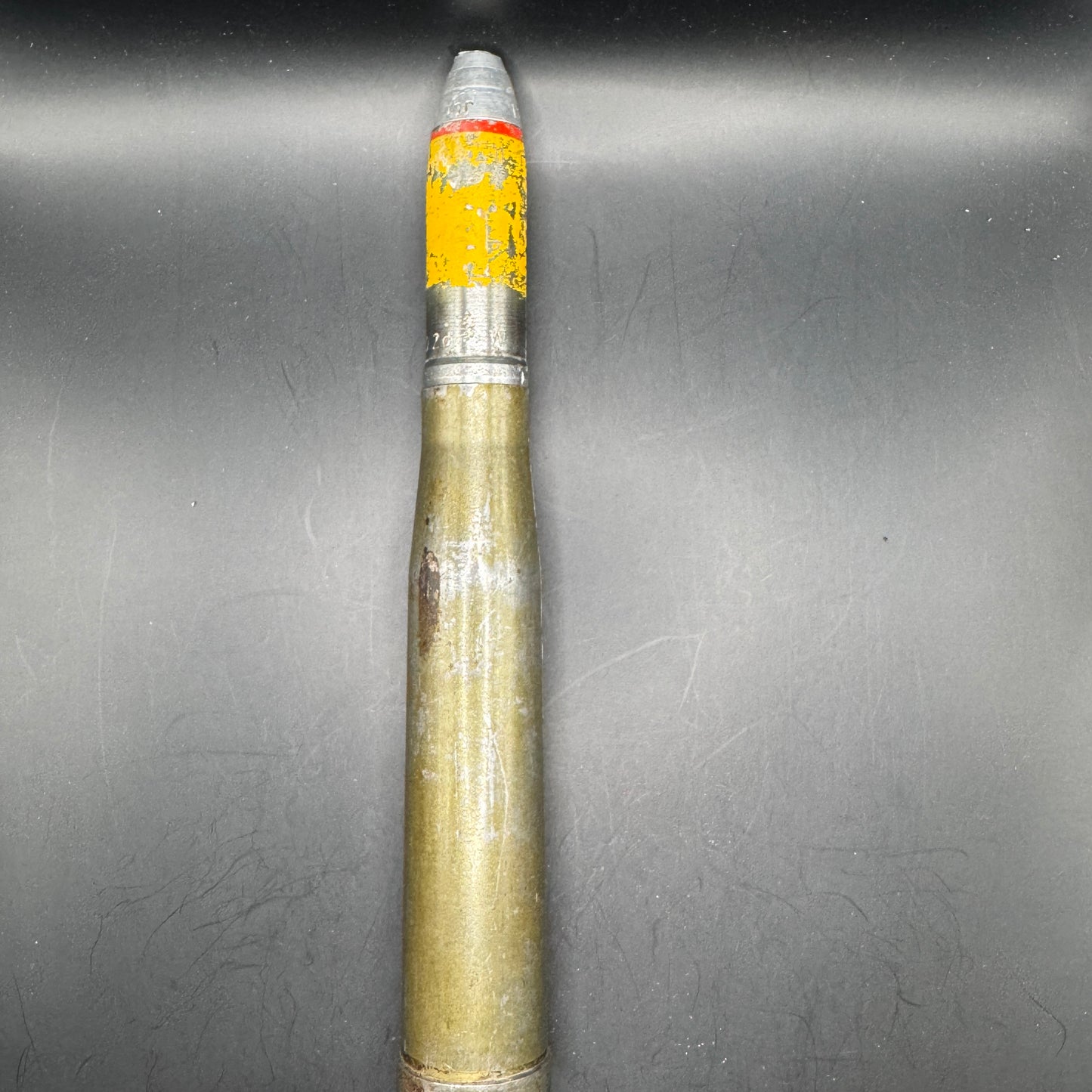 WW2 original artifact – 20mm FLAK High-Explosive Round with Dissected Tracer – interior detail