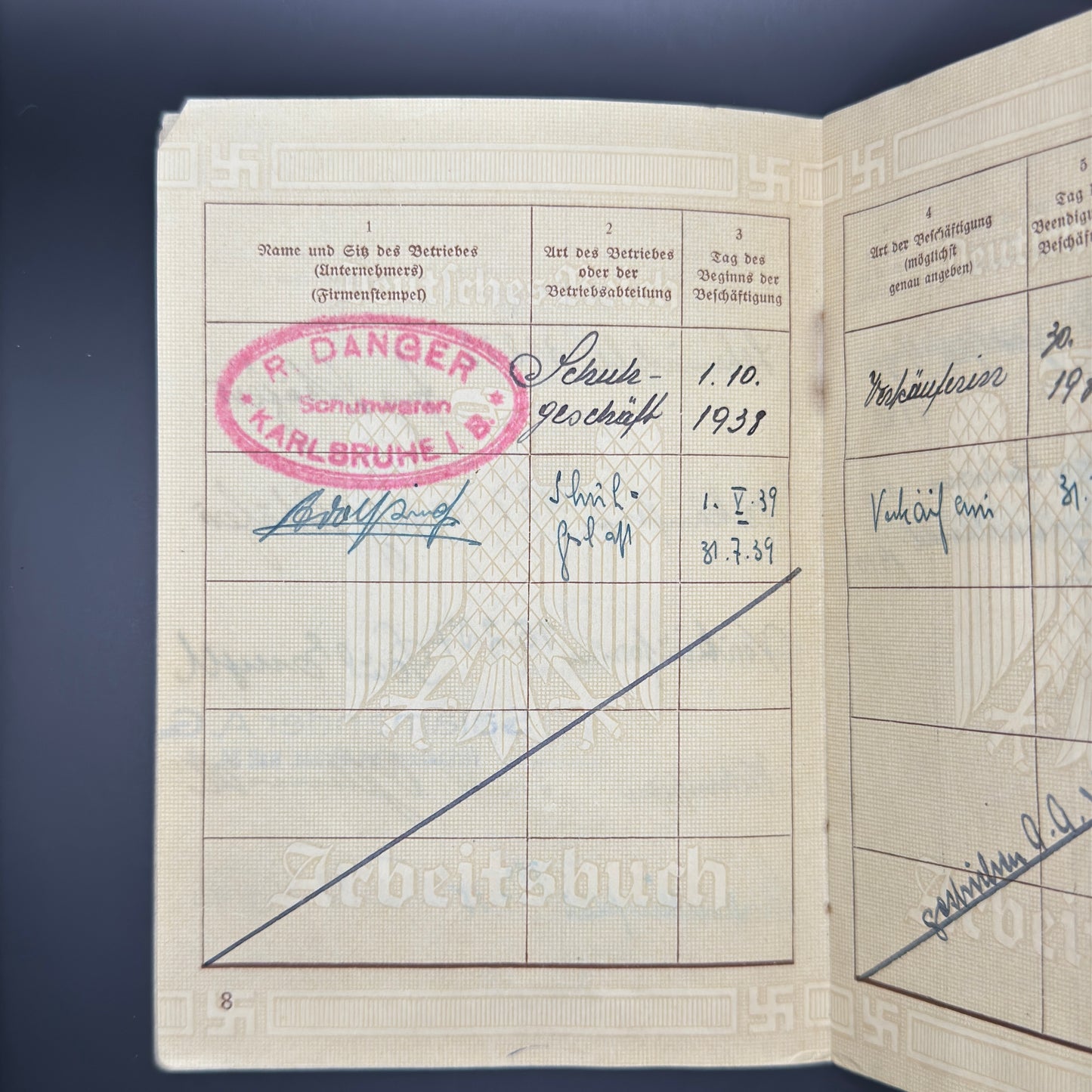 WW2 original artifact – Arbeitsbuch Shoe saleswoman – interior page