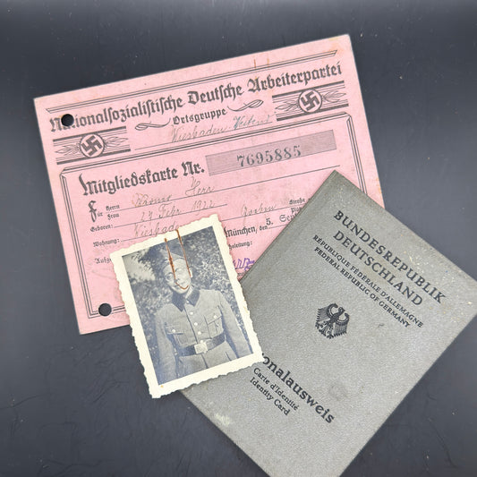WW2 original artifact – NSDAP membership card + passport same person – AxisArtifacts