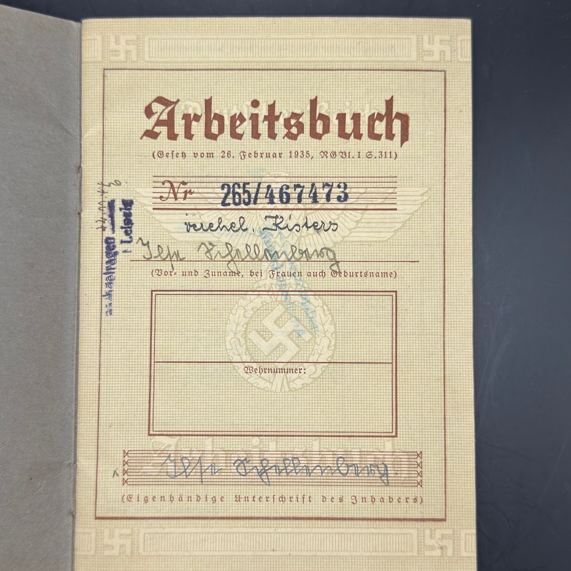 WW2 original artifact – Arbeitsbuch Friseur (Hairdresser) – interior title page