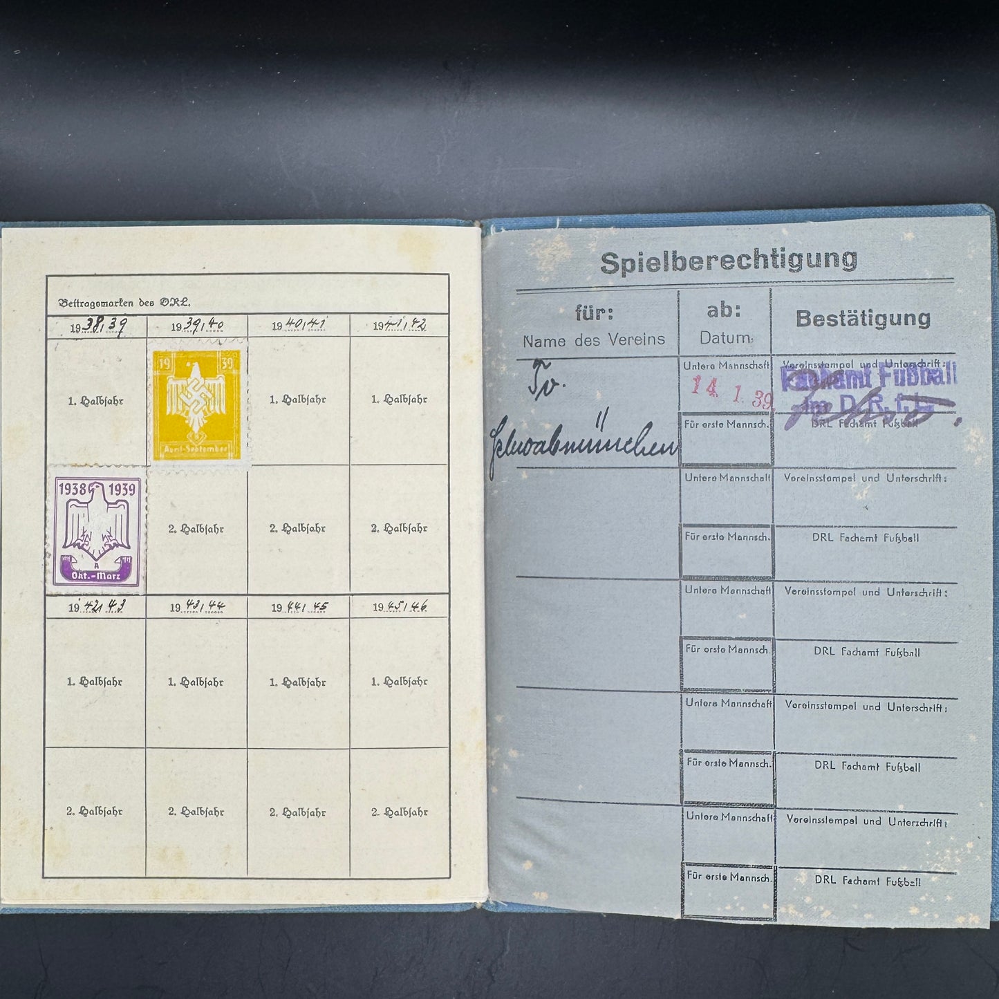 WW2 original artifact – RARE! Kennkarte and Sportpass from 1 person (fallen 1942) – interior page