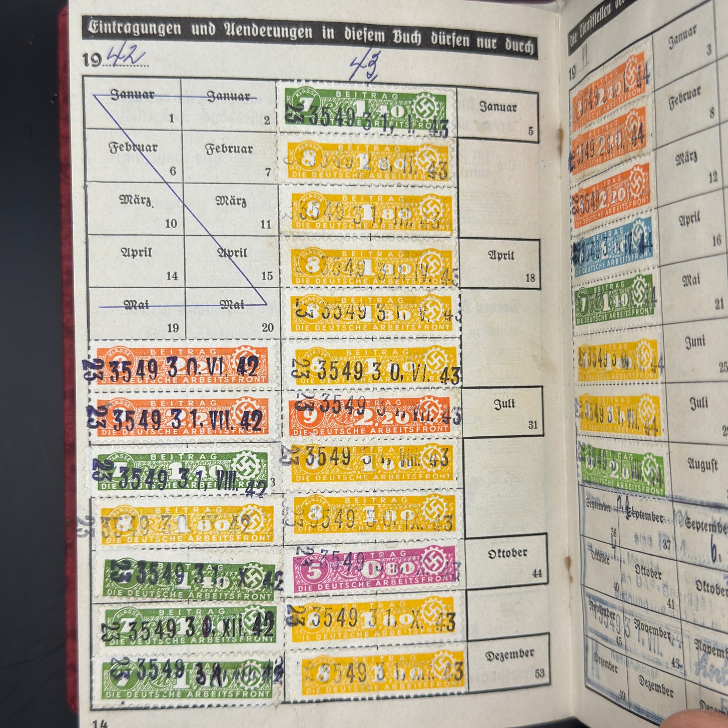 WW2 original artifact – German Labour Front member book – interior page