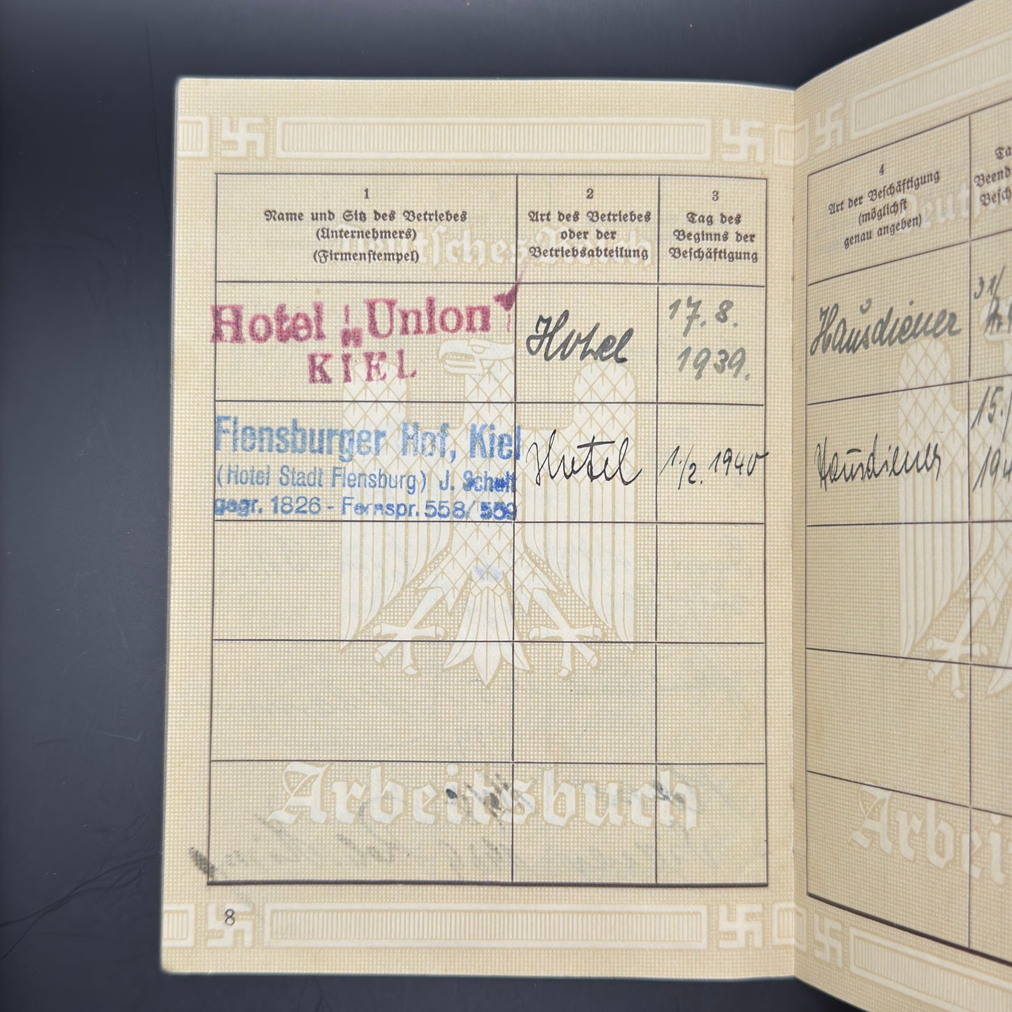 WW2 original artifact – Arbeitsbuch Domestic servant – interior page