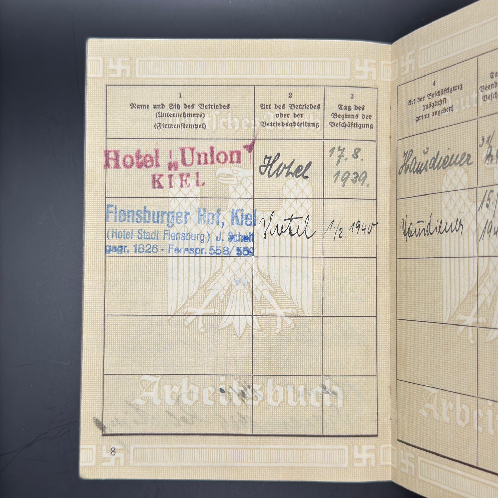 WW2 original artifact – Arbeitsbuch Domestic servant – interior page