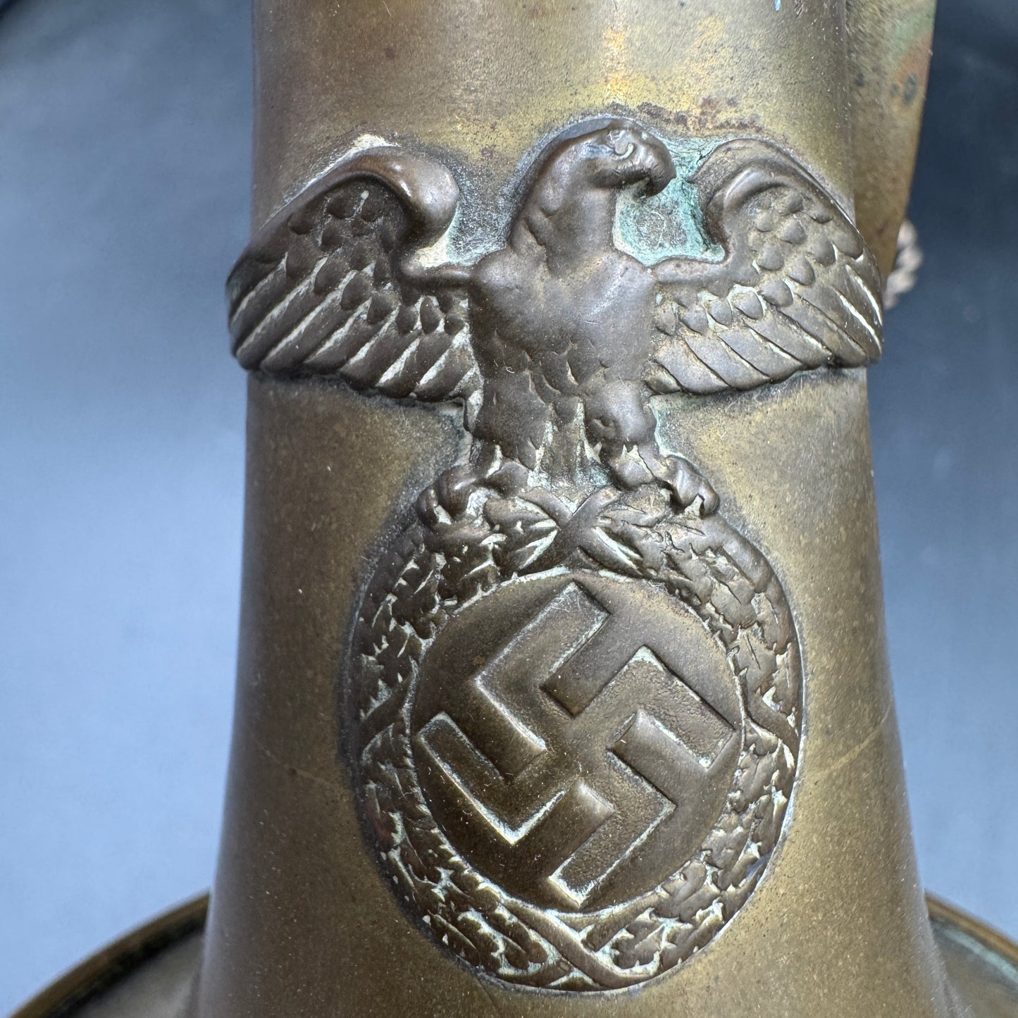 Close-up of original SA eagle with swastika emblem on German SA bugle
