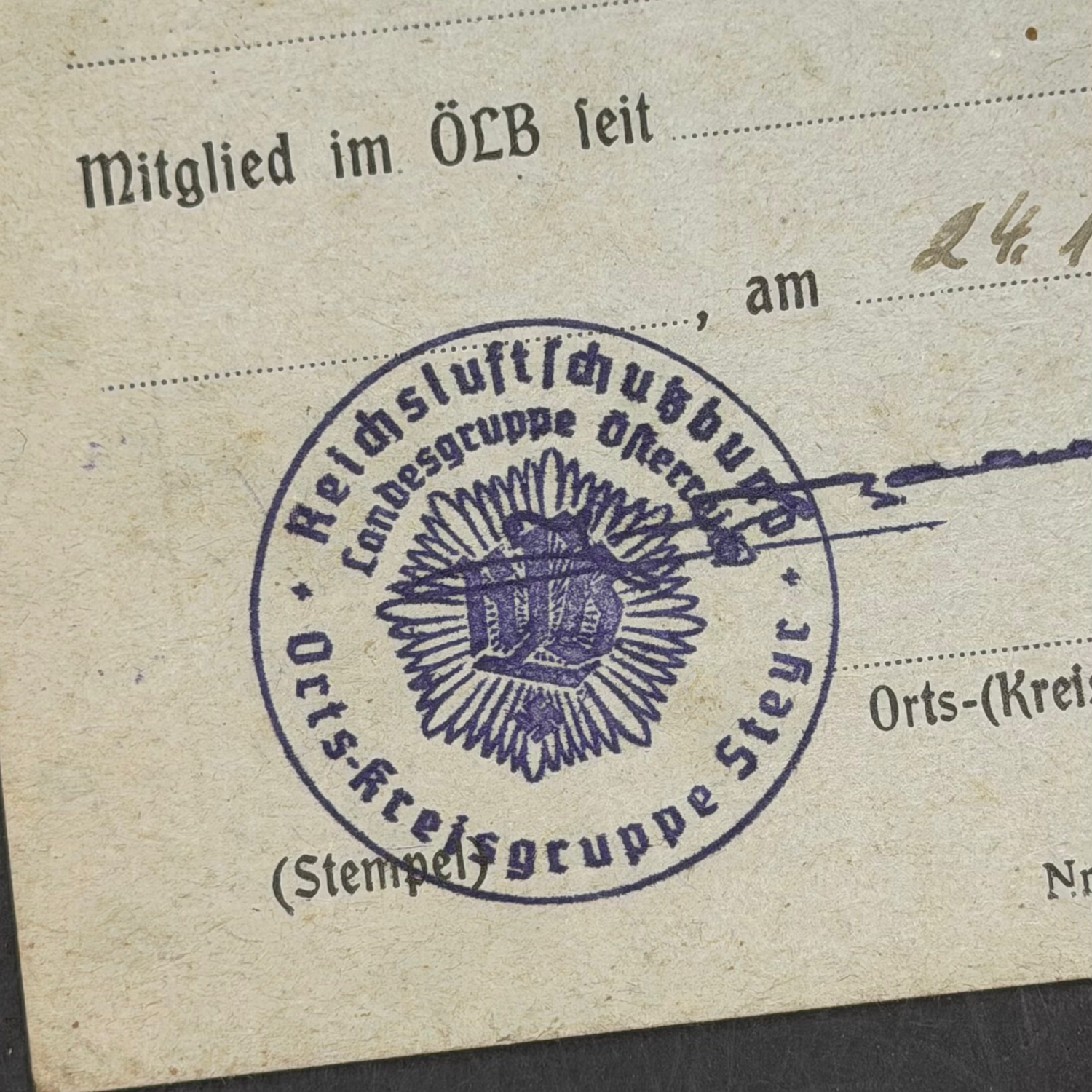 WW2 original artifact – Reichsluftschutzbund (RLB) Membership Book – Ortsgruppe Steyr-Kirchdorf (38–41) – interior page