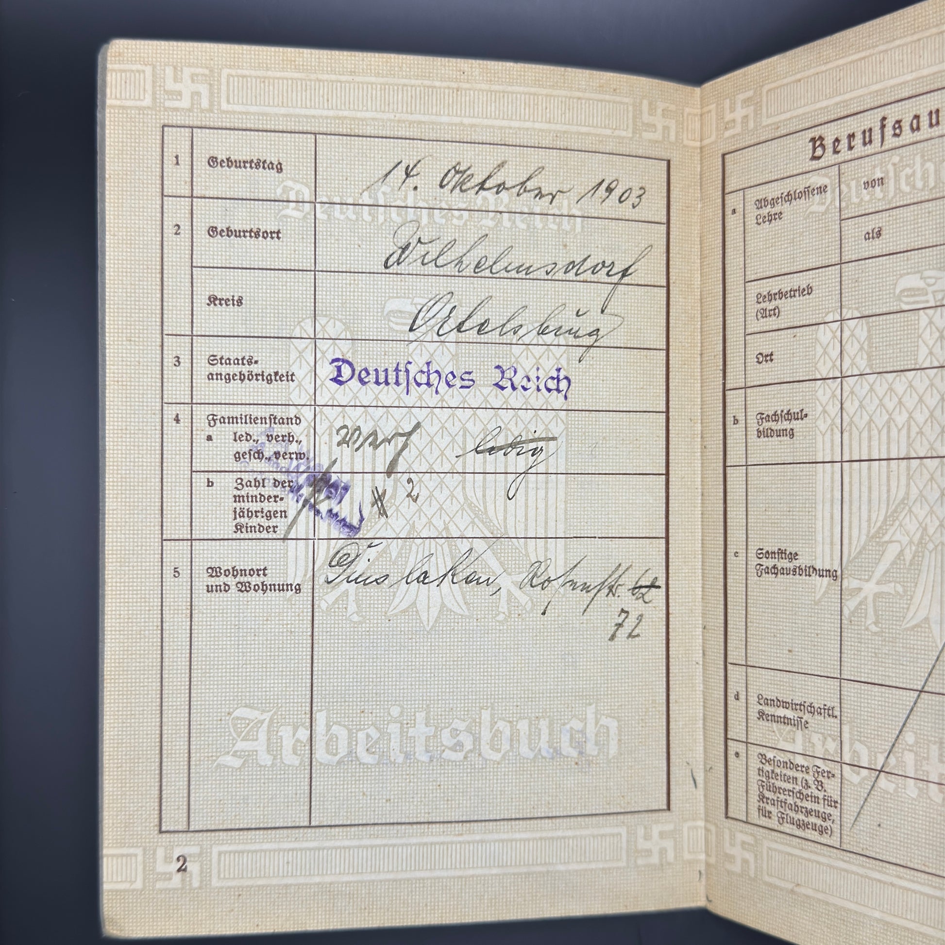 WW2 original artifact – Arbeitsbuch Farmer – interior title page