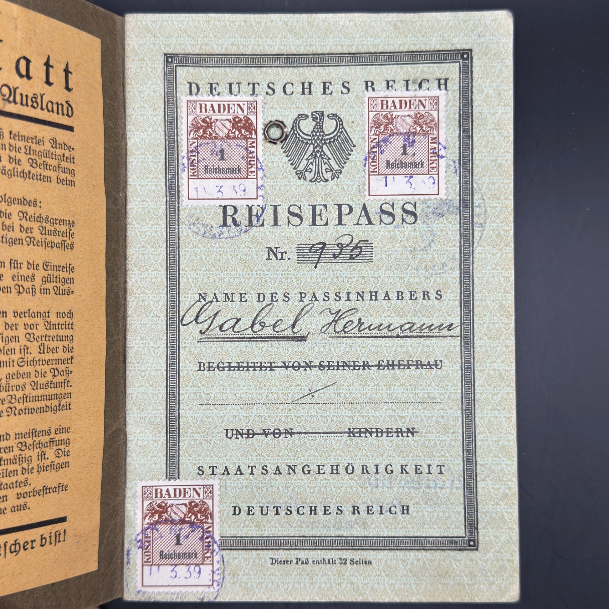 WW2 original artifact – Reisepass Deutsches Reich Hermann Gabel – interior page