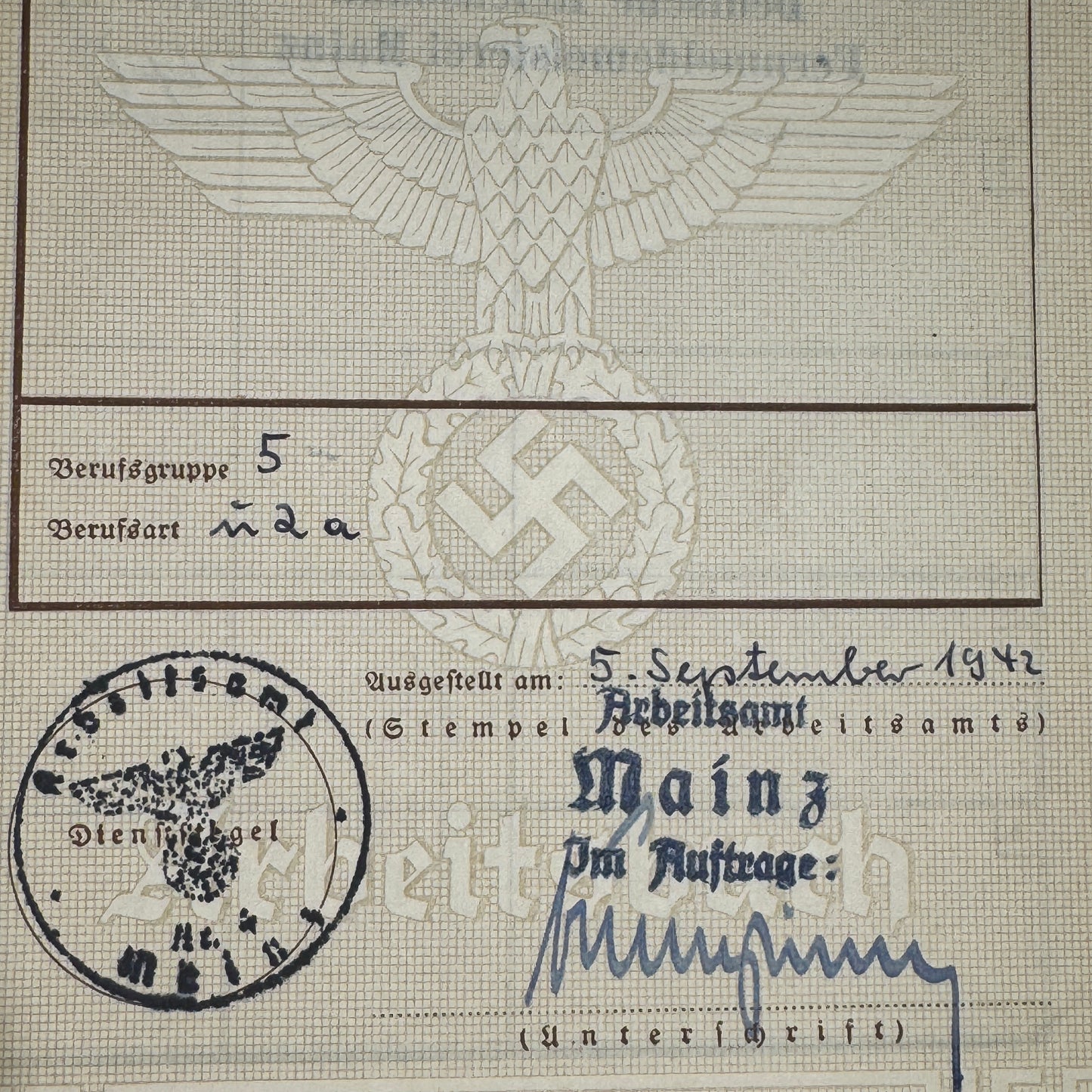 WW2 original artifact – Arbeitsbuch Feinmechaniker Deutsche Reichsbahn – interior page