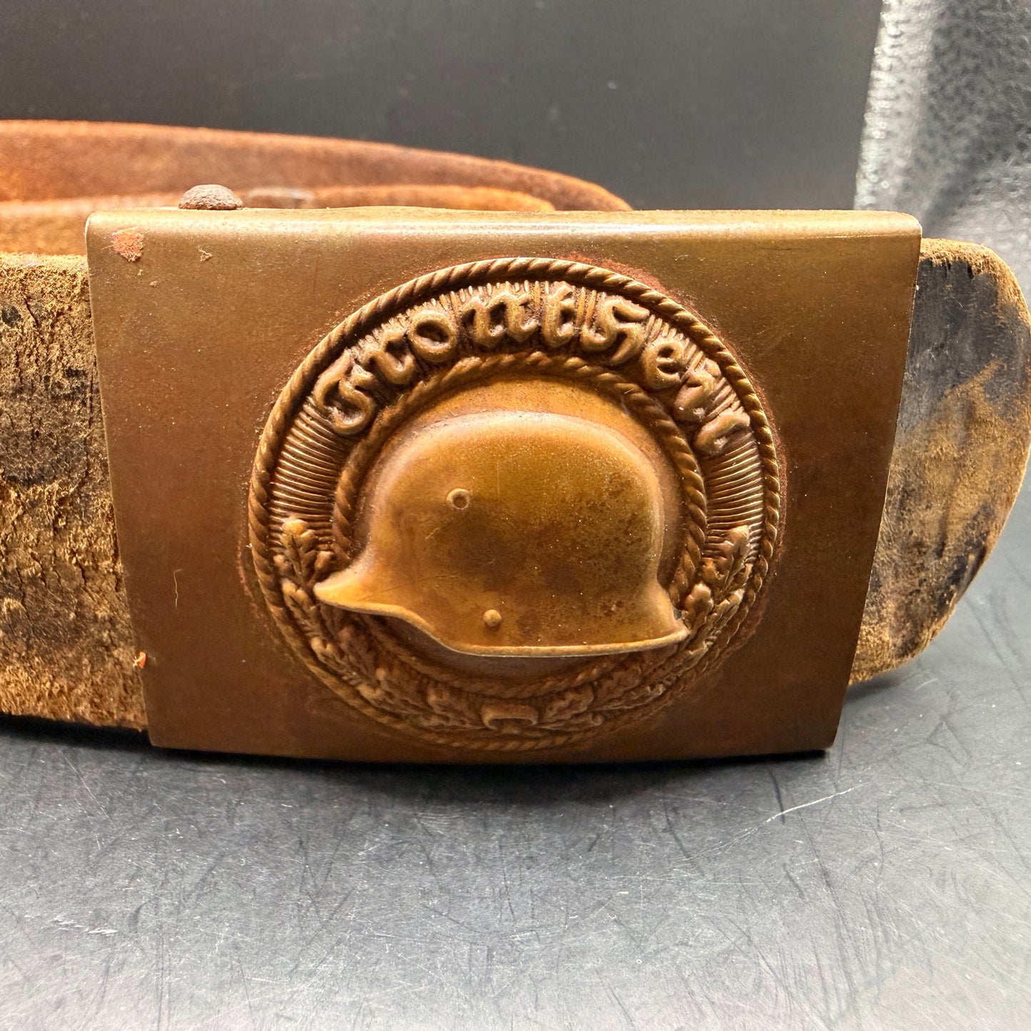 WW2 original artifact – Belt buckle & belt Frontheil – Stahlhelm Bund – AxisArtifacts