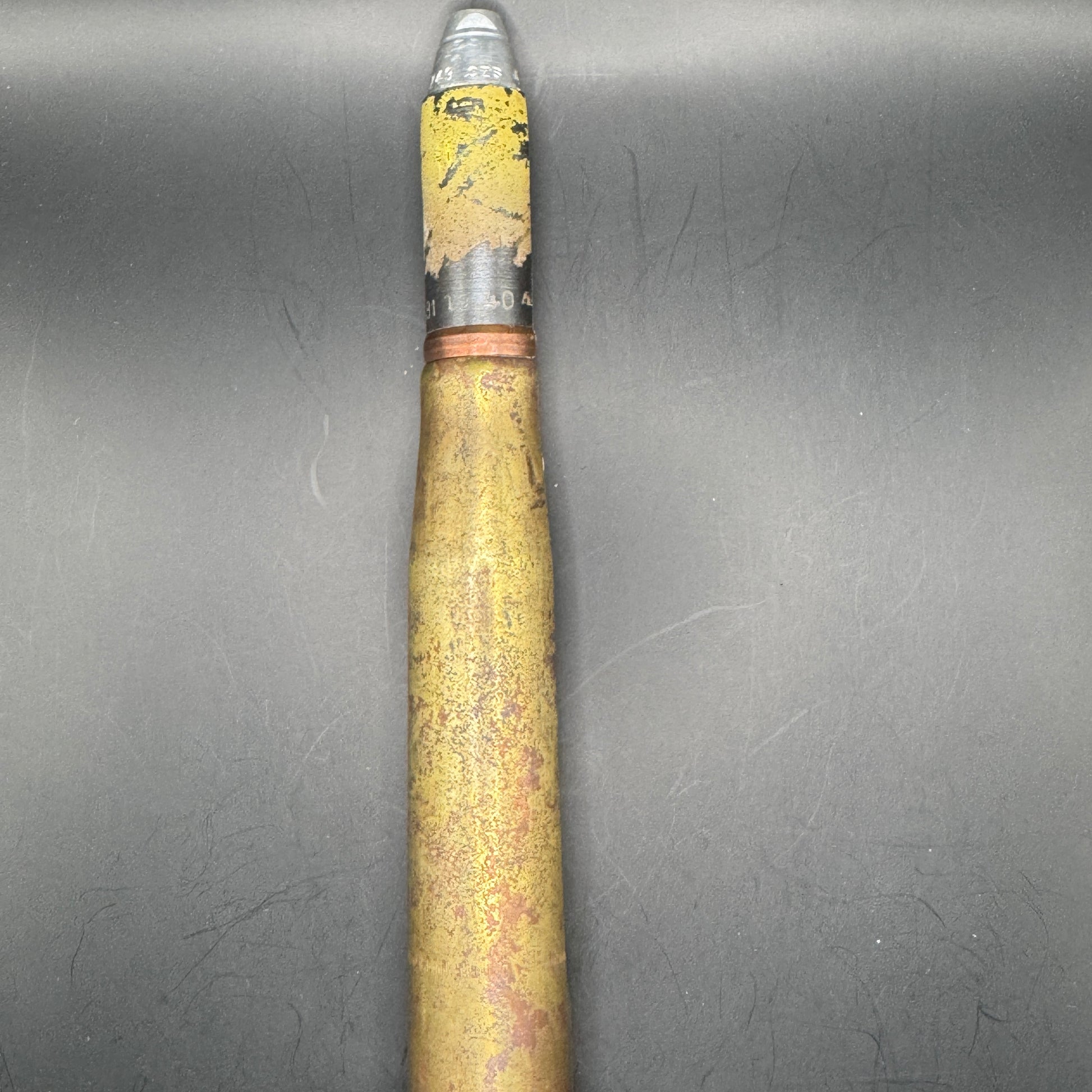 WW2 original artifact – 20mm FLAK High-Explosive Round with Dissected Tracer – interior detail