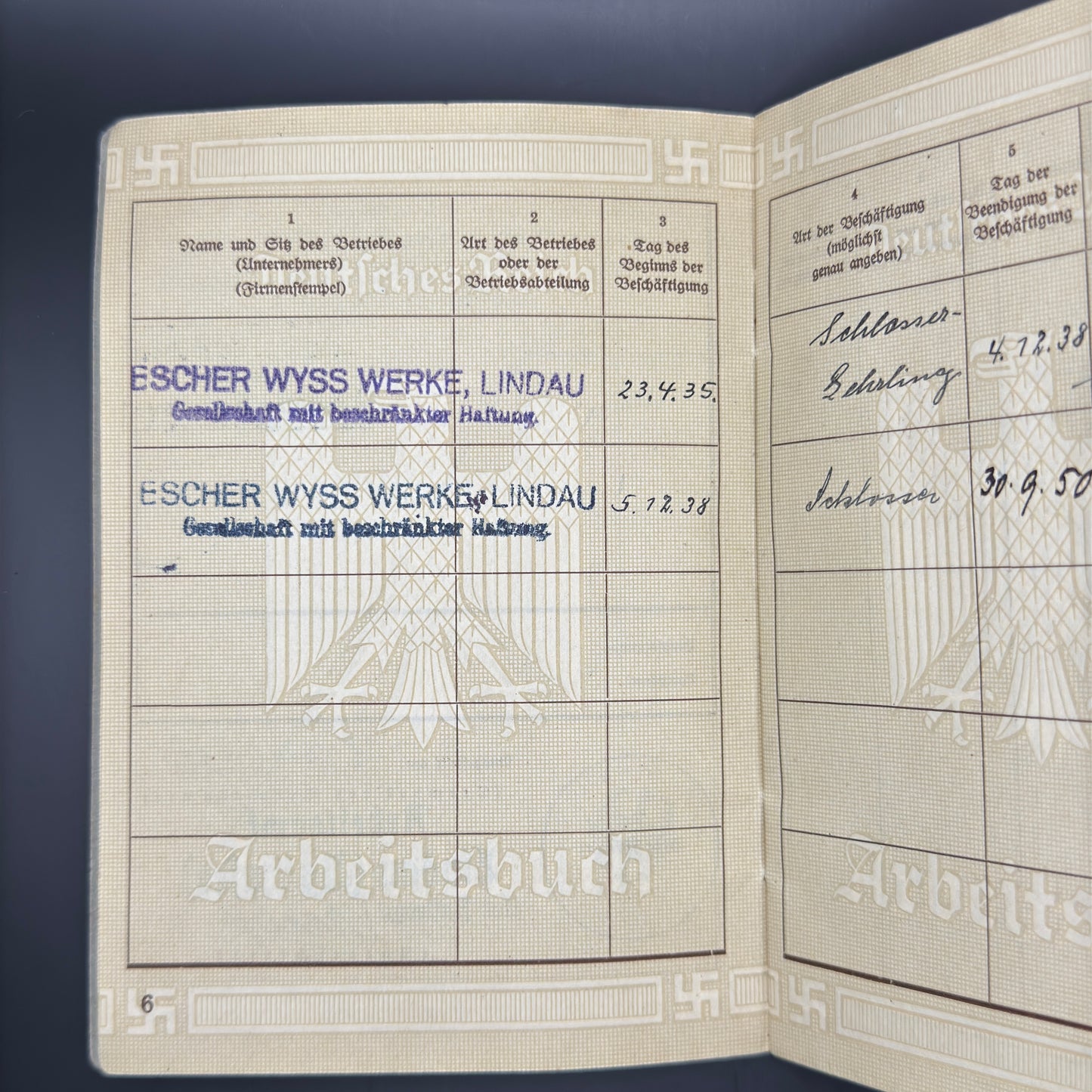 WW2 original artifact – Arbeitsbuch Locksmith – interior page