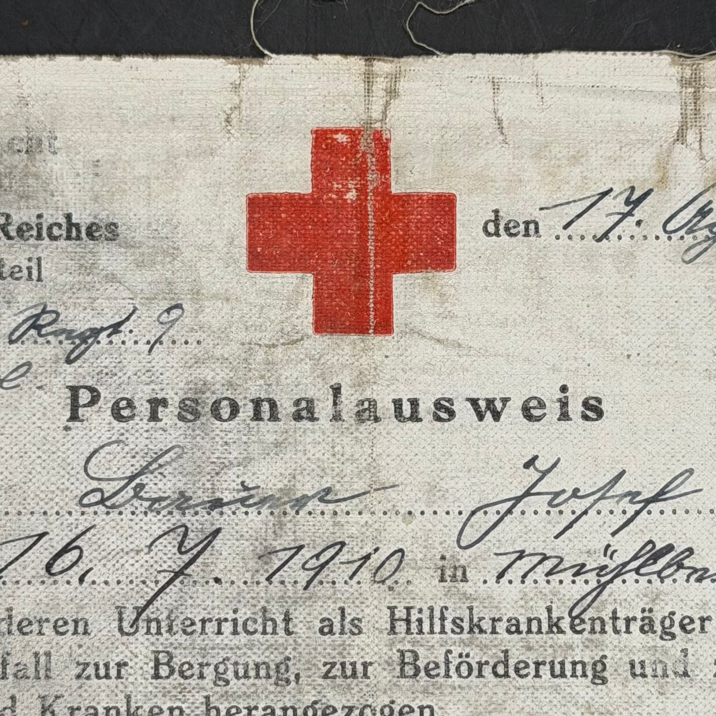 WW2 original artifact – DRK Cloth Personalausweis (17 April 1940) – Issued to II./Aufklärungs-Regiment 9 – interior page