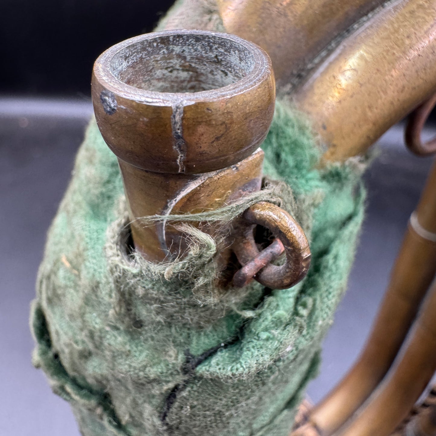 Original mouthpiece receiver and aged patina on German SA bugle