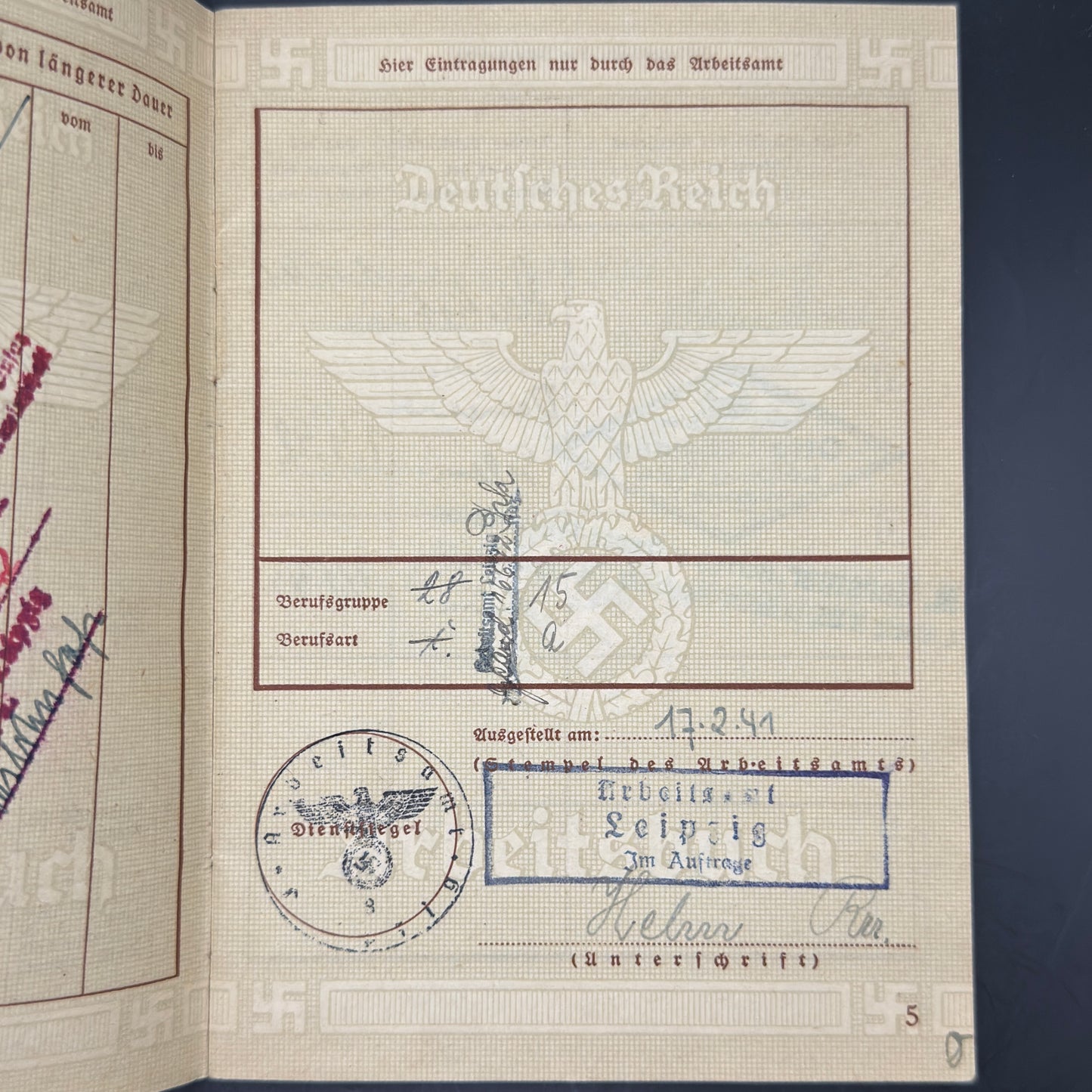 WW2 original artifact – Arbeitsbuch Friseur (Hairdresser) – interior page