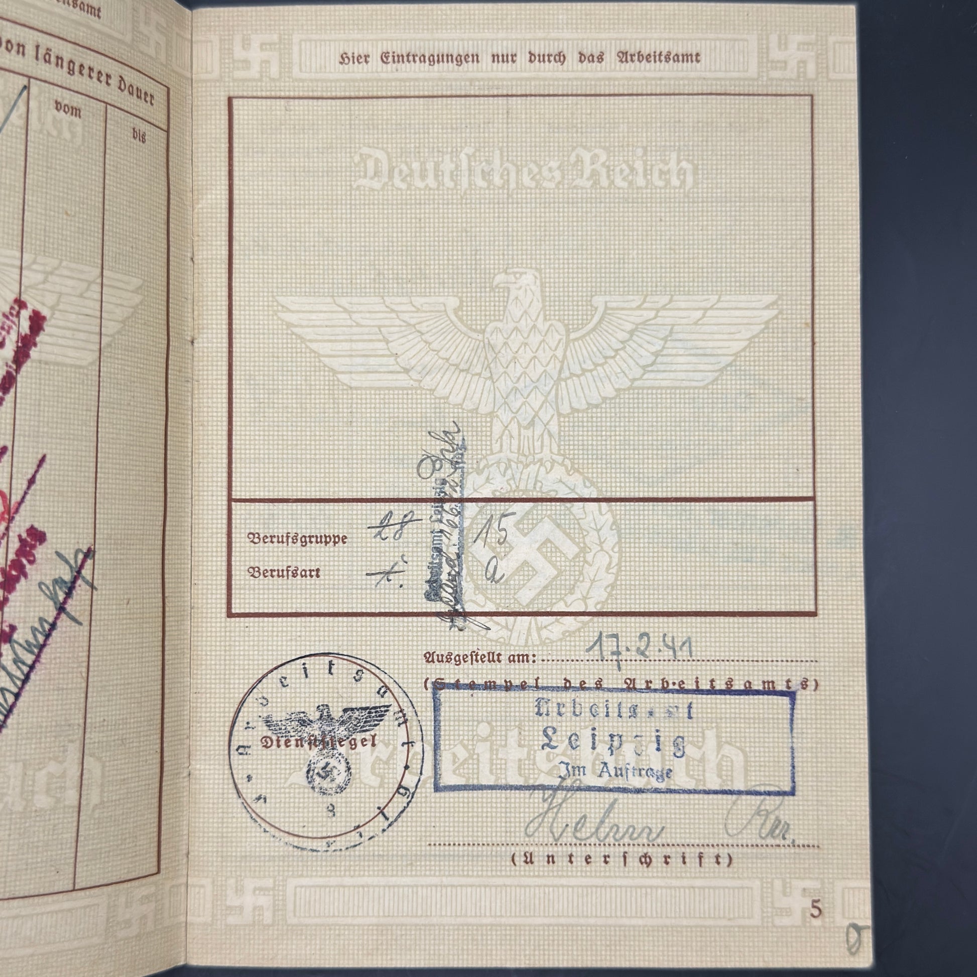 WW2 original artifact – Arbeitsbuch Friseur (Hairdresser) – interior page