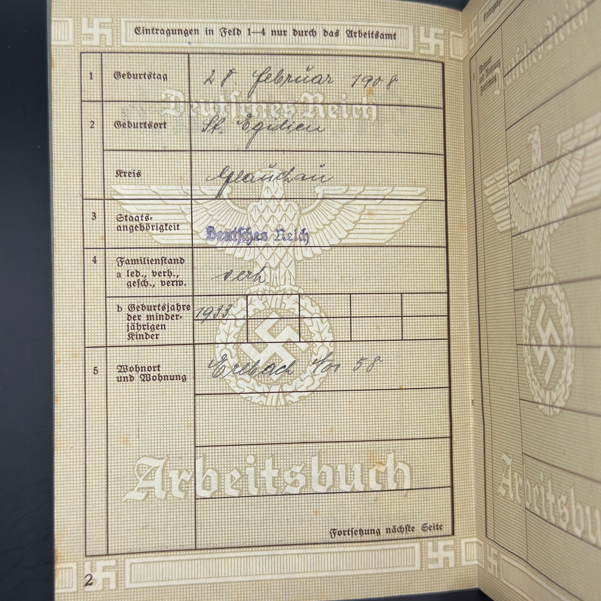 WW2 original artifact – Two times Arbeitsbuch from married couple – interior page