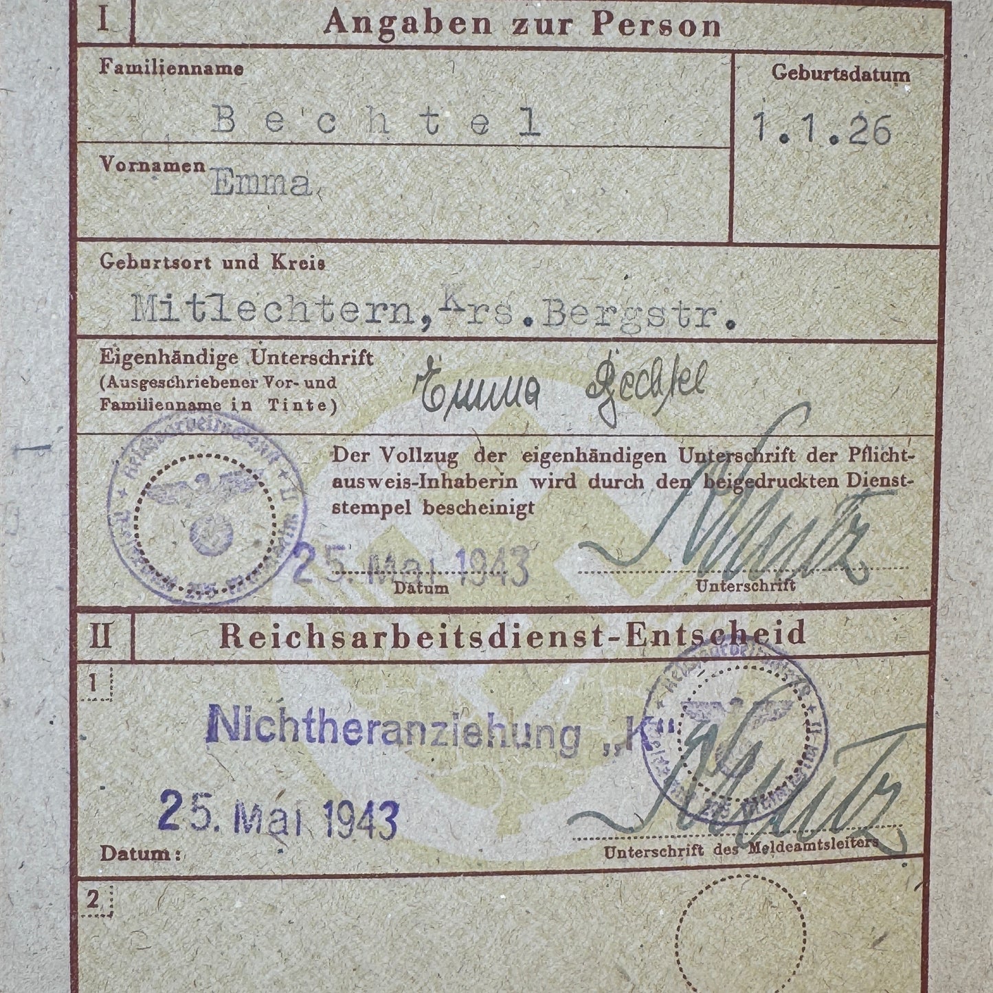 WW2 original artifact – Reichsarbeitsdienst (RAD) Pflichtausweis – interior detail