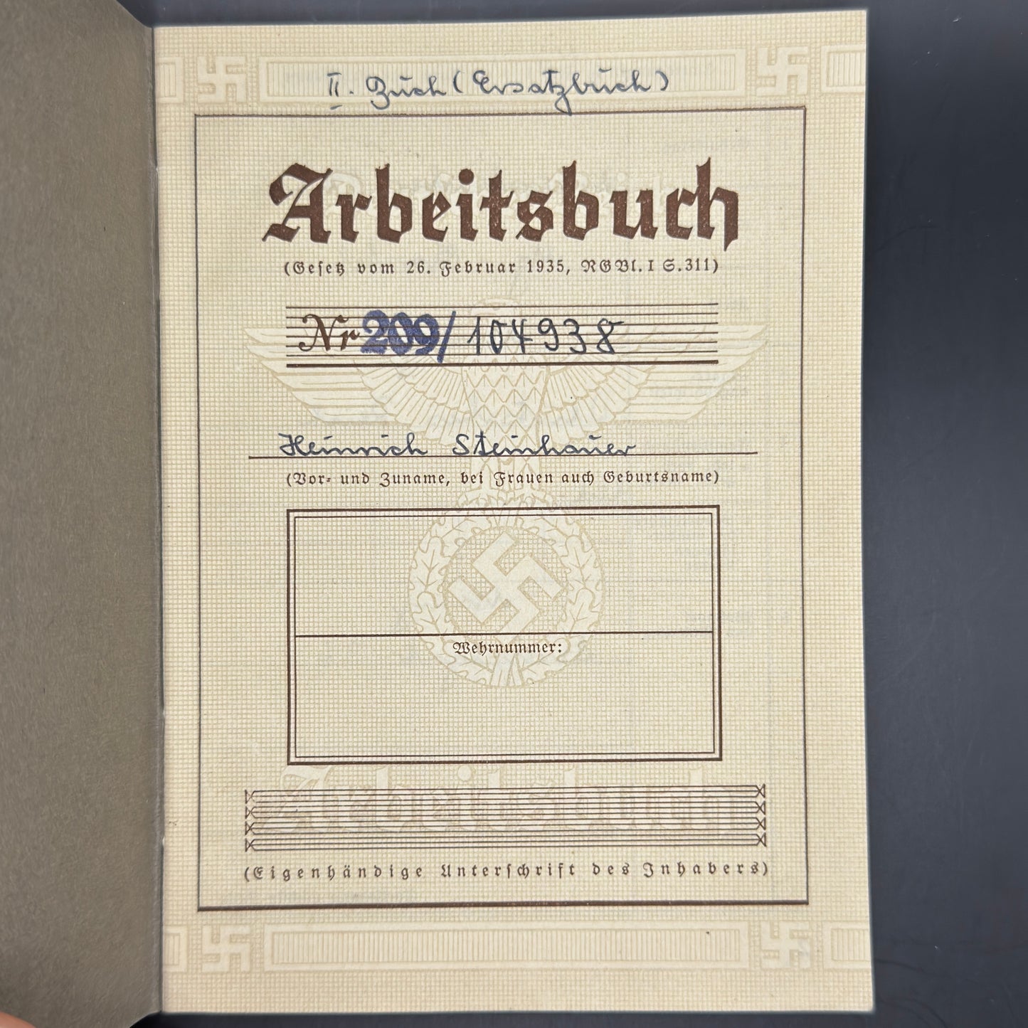 WW2 original artifact – Arbeitsbuch Feinmechaniker Deutsche Reichsbahn – interior title page