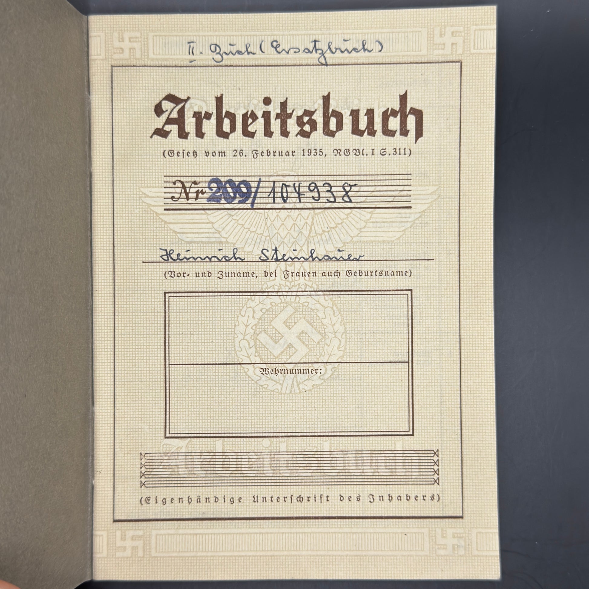 WW2 original artifact – Arbeitsbuch Feinmechaniker Deutsche Reichsbahn – interior title page