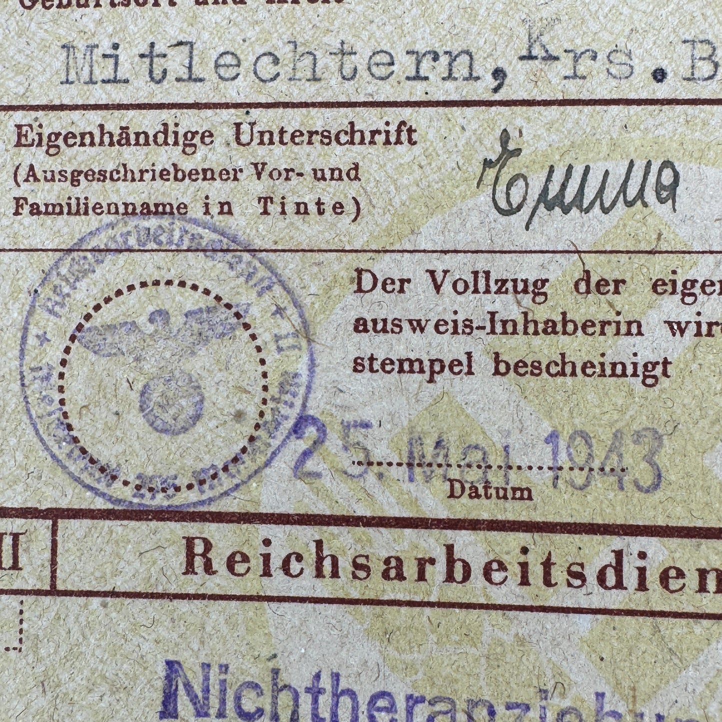 WW2 original artifact – Reichsarbeitsdienst (RAD) Pflichtausweis – interior title page